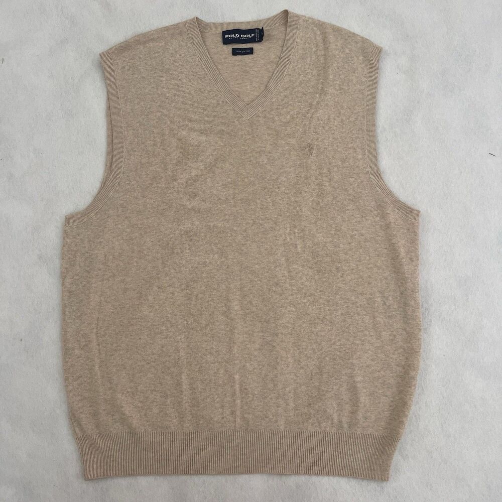 Vintage Polo Ralph Lauren Men's L Golf Tan Brown 100% Cotton Sweater Vest Preppy